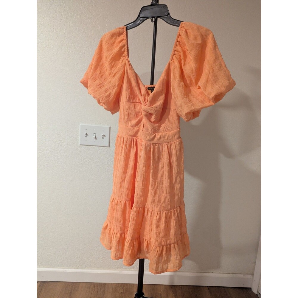 City Triangles Peach Puff Sleeve Tiered Mini Dress XL Cottagecore Boho Cutout